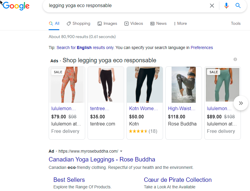 Search Ads, yoga leggings, eco-responsable, SEO